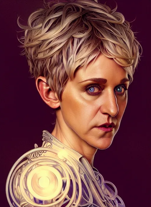 Prompt: portrait of ellen degeneres, volumetric lights, feast, music notes, art nouveau botanicals, gothic, intricate, highly detailed, digital painting, artstation, concept art, smooth, sharp focus, symmetric face, illustration, steampunk, art by artgerm and greg rutkowski and alphonse mucha