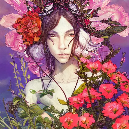 Image similar to goddess of plant medicine detailed painting by akihiko yoshida, vivid saturated colors, trending on artstation