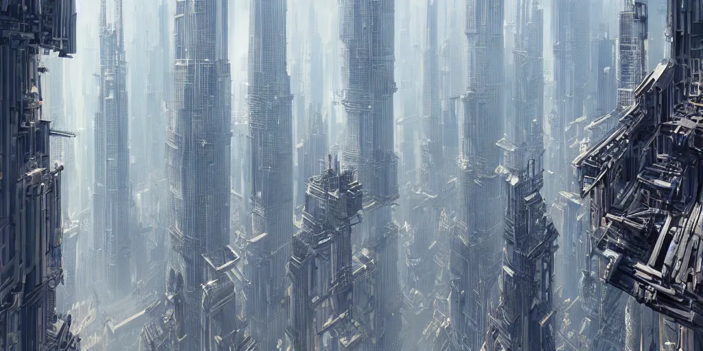 Prompt: looking up at skyscrapers made from mechanical parts, greg rutkowski, 8 k, shallow depth of field, intricate detail, concept art,