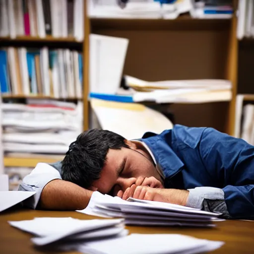 Prompt: a worker asleep between piles of papers