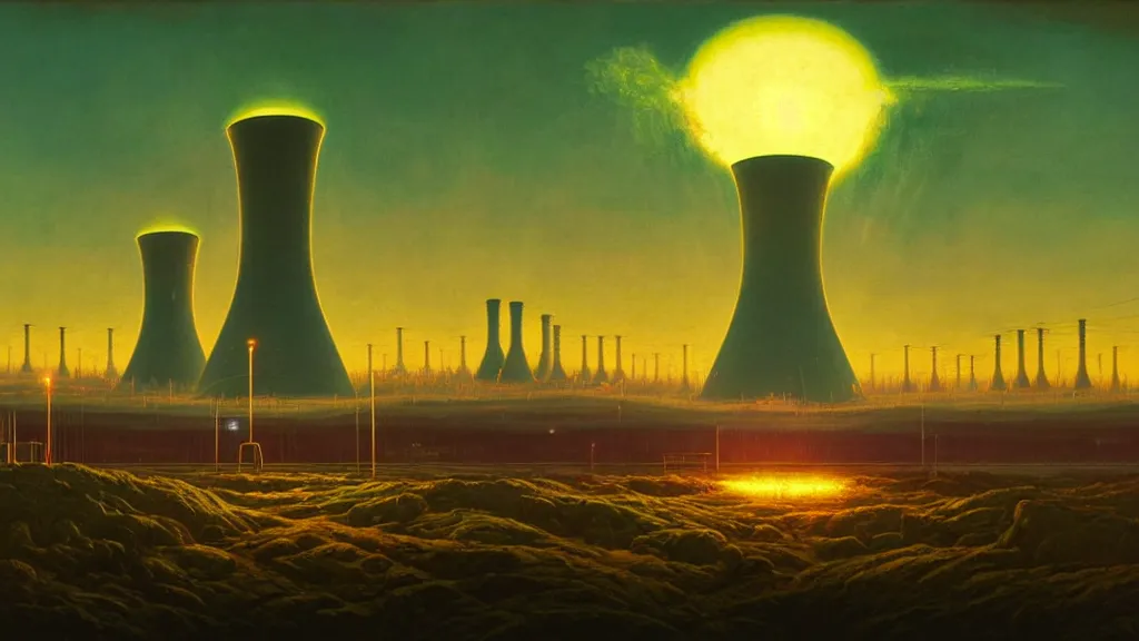 Image similar to A nuclear power plant in utopia by Simon Stålenhag and J.M.W. Turner, oil on canvas; Nuclear Fallout, Art Direction by Adam Adamowicz; 4K, 8K Ultra-Realistic Depth Shading; Epic 4k dream drone shots