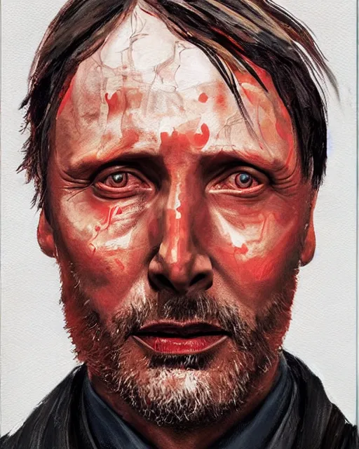 Prompt: mads mikkelson as clifford unger from death stranding, tears of tar, mysterious portrait, oil painting, orange fill light