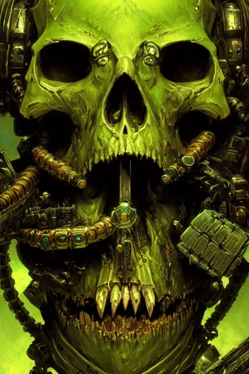 Prompt: extreme close up cybernetic skull with bullets for teeth warhammer 4 0 k extreme detail glowing green portal background portrait dnd, painting by gaston bussiere, craig mullins, greg rutkowski, yoji shinkawa