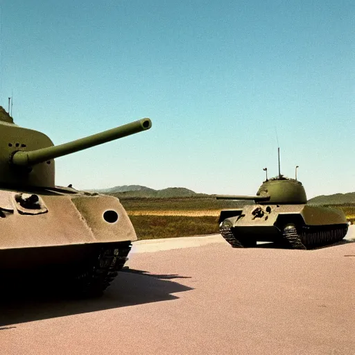 Image similar to the alien is photographed against the background of the t - 3 4 tank, top secret style, realistic photo, cinestill 8 0 0 t, 1 9 7 0 s, color