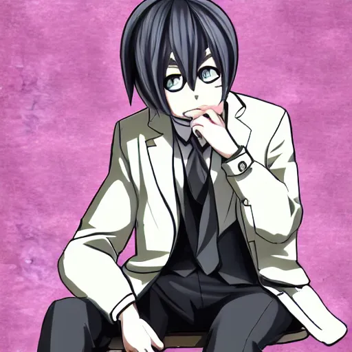 Prompt: shuichi saihara from danganronpa sitting on a bench at the park, hightly detailed, danganronpa art style