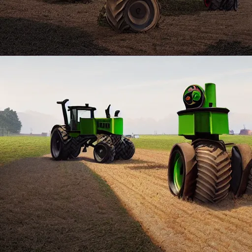 Prompt: farm tractors revolution, robots revolution, angry bots, matte painting, digital art, trending on artstation, high quality