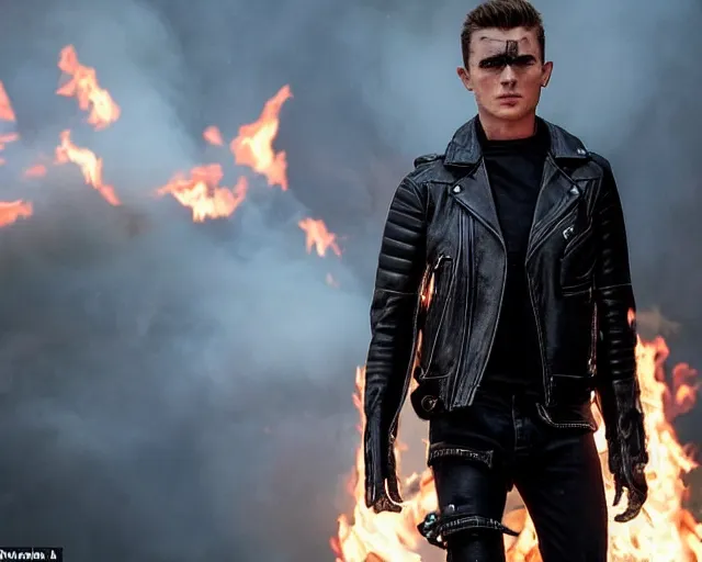 Prompt: Jak Nicholson plays Terminator wearing leather jacket and his endoskeleton is visible, walking out of flames