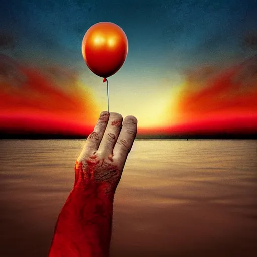 Prompt: album art of a hand holding a balloon coming out the water with a red sky by chris bilheimer, moody, digital art