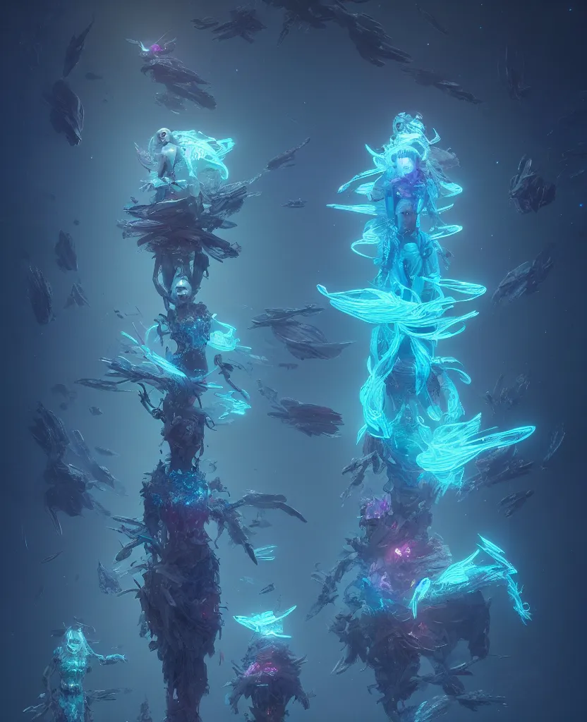 Image similar to the three fates. bioluminiscent creatures, intricate artwork by Tooth Wu and wlop and beeple. octane render, trending on artstation, greg rutkowski very coherent symmetrical artwork. cinematic, hyper realism, high detail, octane render, 8k