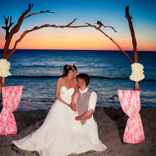 Prompt: beach wedding at sunset. fairy tale vibes.