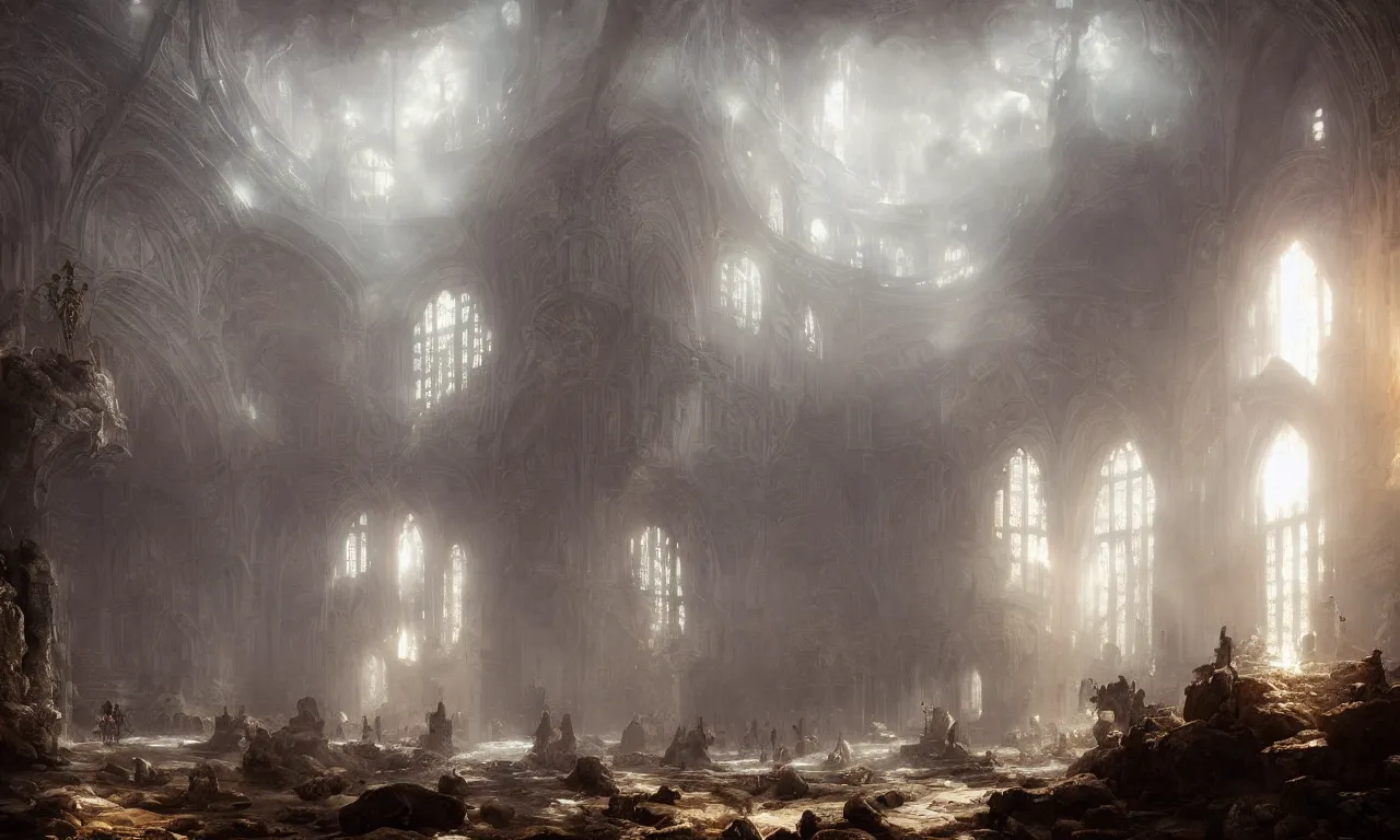 Image similar to great hall of the mountain king. andreas achenbach, artgerm, mikko lagerstedt, zack snyder, tokujin yoshioka