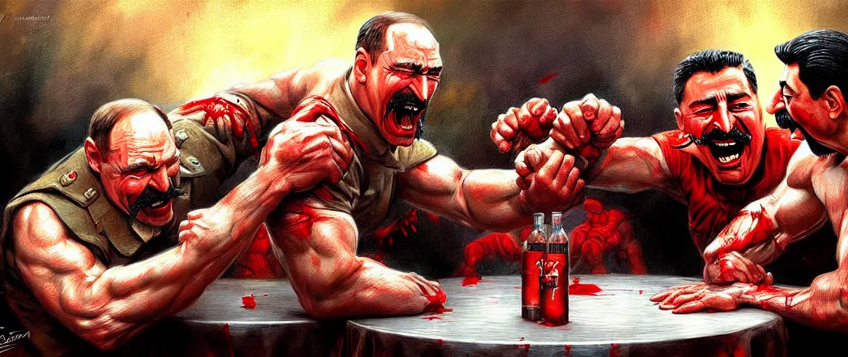 Image similar to arm wrestling ( ( vladimir putin ) ) vs ( ( iosif stalin ) ), hyperrealistic, digital concept art, caricature illustration, bloody, violent. horror. art by gaston bussiere