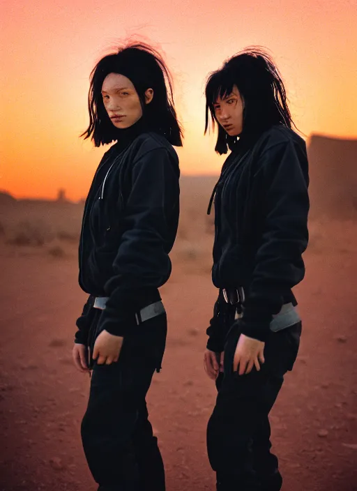 Image similar to cinestill 5 0 d photographic portrait of two loving clones, women wearing rugged black techwear on a desolate plain with a red sky, extreme closeup, diverse species, cyberpunk, in front of a brutalist dark metal facility, dust storm, 3 5 mm, 8 k, f / 3 2, high resolution, ultra realistic faces, beautiful faces