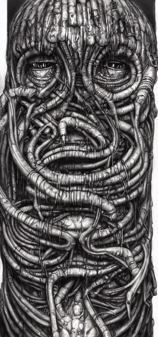 Prompt: a hyperrealistic hr giger painting of a minion staring at the viewer, creepy, horror, dark
