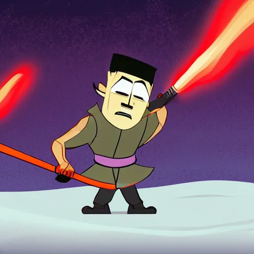 Prompt: a man facing away holding a snow shovel like a sword preparing to raid a fast food restaurant in the background, in the style of Samurai Jack,