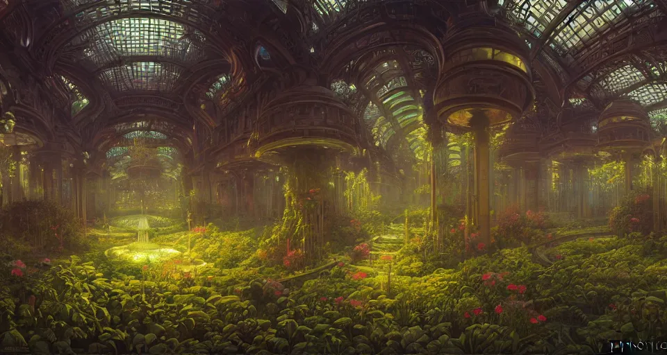 Prompt: lush garden god rays dramatic perspective organic 3 d fractal, a minimalist cris foss cinematic scifi with giant bright translucent bioluminescent microscopy, gigantic pillars, victorian shopping mall courtyard maschinen krieger, beeple, star citizen, mass effect, oil painting by donato giancola, warm coloured, artstation, atmospheric perspective