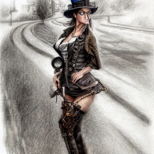 Prompt: hyper realistic full body pencil drawing of a woman steampunk facing the camera, standing on a road, water color, detailed, diffused, intricate,