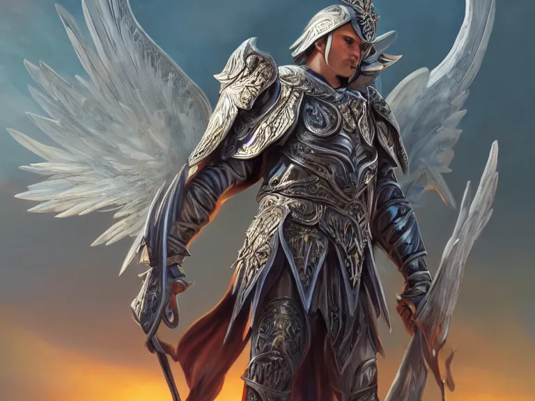 Prompt: male angel warrior priest in a standing pose on a hill, pristine armor, and shield, vibrant big opened angel wings on her back, D&D, fantasy, highly detailed, digital art, trending on artstation, smooth, sharp focus, illustration, art by Peter Tang and artgem