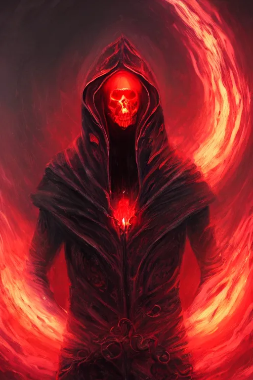 Image similar to A full body portrait of a mysterious character with a skull face with a very long hooded blood red and black cloak, a crown of fire floating above his head tentacles coming out the ground art by James Paick, and Shaddy Safadi, ominous, cosmic horror, trending on artstation, Ultra detailed, hyper realistic 4k