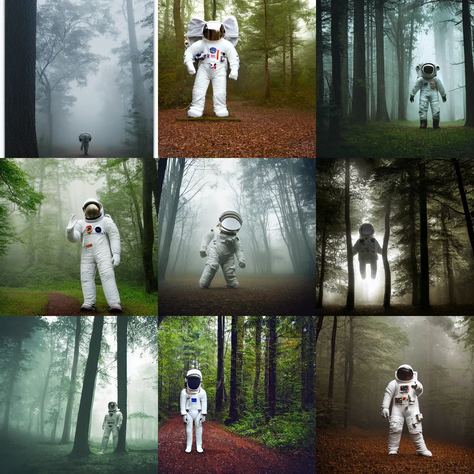 Prompt: giant astronaut elephant in white spacesuit as astronaut in the woods, foggy mood, overcast bokeh - c 5