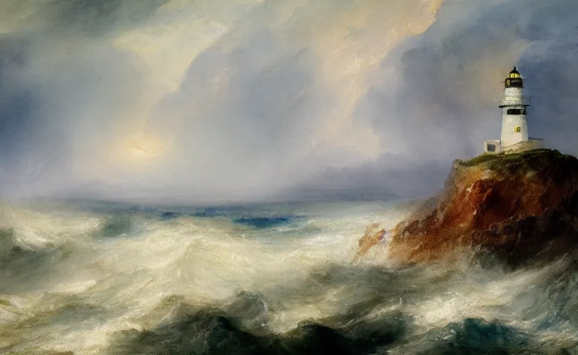 Prompt: a watercolor painting of a single lighthouse in a small rocky island during a violent storm by william turner, high quality, highly detailed, digital painting, masterpiece, turbulent sea, dramatic lighting, cinematic, centered, watercolor, william turner style, 4 k