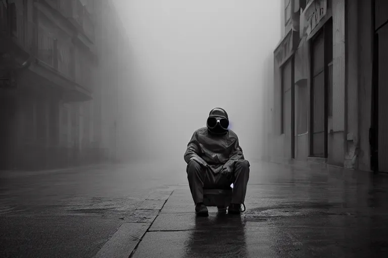 Image similar to street photography of man in gas mask sitting in a foggy alley By Emmanuel Lubezki