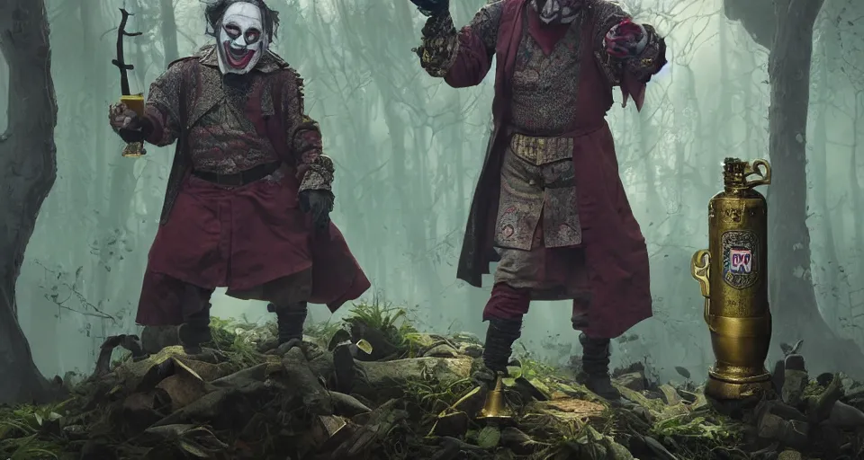 Prompt: robert de niro as medieval joker, crazy colorful clothing with a heavy golden mace in his left hand and a beer jug in his right hand, full body portrait, symmetrical face, intricate details, wandering through a forbidden forest, trending on artstation, 8k hyperrealistic, style of peter mohrbacher, octane render, unreal engine