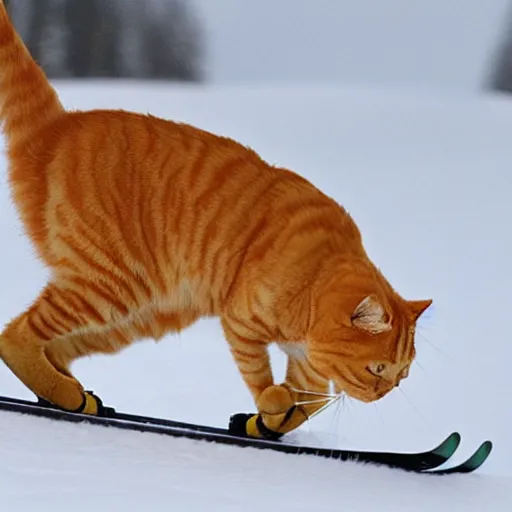 Image similar to an orange tabby cat skiing