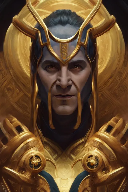 Image similar to symmetry!! portrait of loki in the style of god of war, machine parts embedded into face, intricate, elegant, highly detailed, digital painting, artstation, concept art, smooth, sharp focus, illustration, art by artgerm and greg rutkowski and alphonse mucha, 8 k