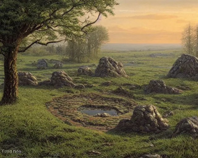 Image similar to a swampy hill landscape with a circle of finger shaped stones, by ted nasmith