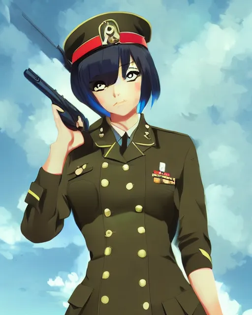 Image similar to Anime girl is dressed in military uniform. Anime by lois van baarle, ilya kuvshinov, rossdraws, mike deodato, Studio Ghibli, pencil anime art, manga