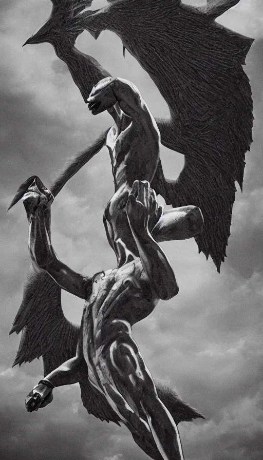 Image similar to manananggal upper torso flying above village, eerie silver engraving, high contrast