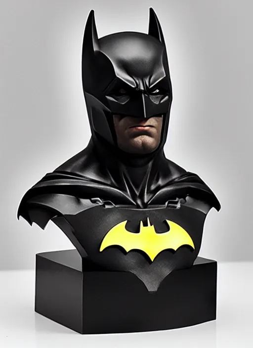 Prompt: an orthographic bust sculpture batman, marble, studio lighting by Wes Anderson