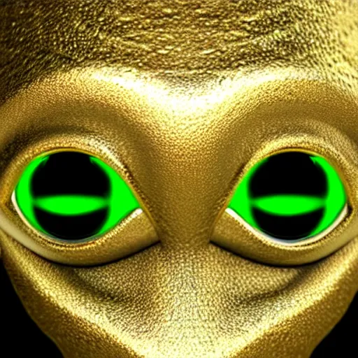 Prompt: an alien with metallic textures and glowing green eyes, photorealistic, award-winning