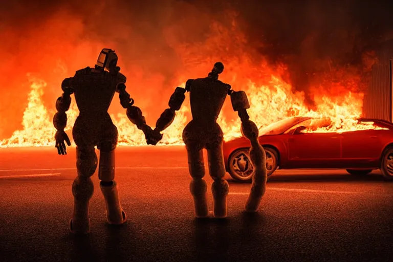 Image similar to vfx film closeup, dead robot couple on the ground holding hands, city street tire tracks fire. flat color profile low - key lighting award winning photography arri alexa cinematography, hyper real photorealistic cinematic atmospheric cool colorgrade