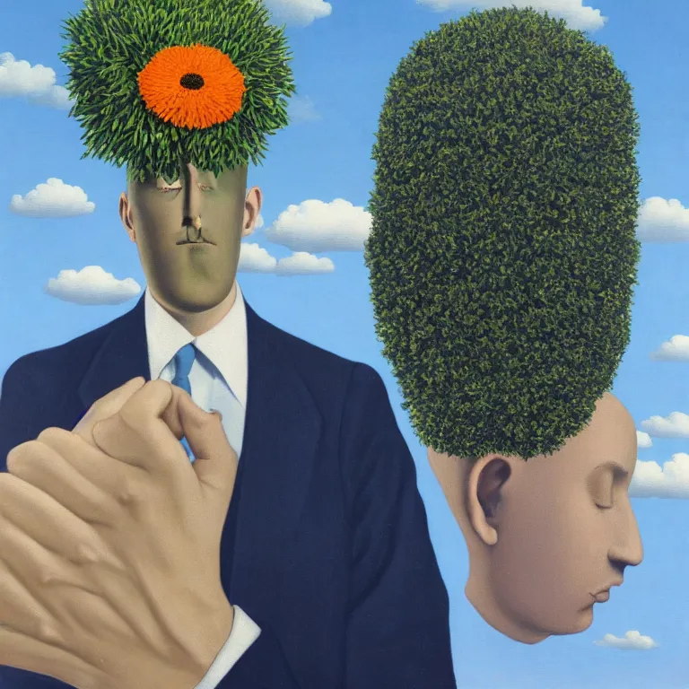 Image similar to portrait of a faceless beautiful flower - head man in a suit, clouds in the background, by rene magritte, detailed painting, distance, middle centered, hd, hq, high resolution, high detail, 4 k, 8 k