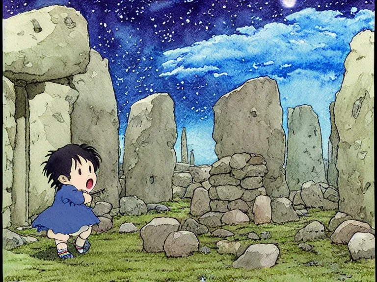 Image similar to a simple watercolor studio ghibli movie still fantasy concept art of a giant kid playing with stones like they are toys in stonehenge. it is a misty starry night. by rebecca guay, michael kaluta, charles vess