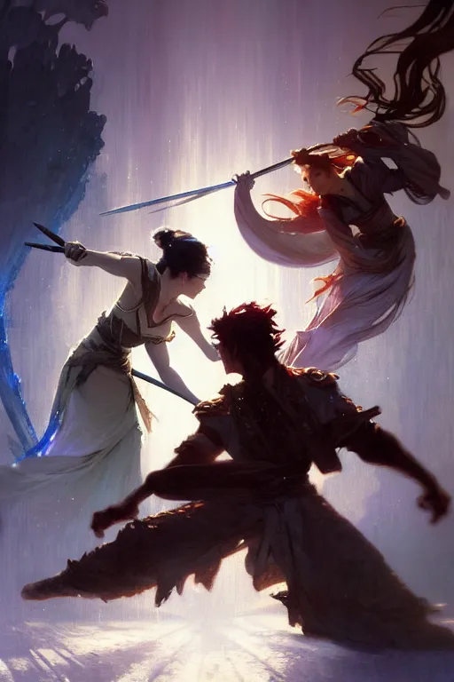 Image similar to An epic fight moment frozen time pose, between one demon slayer with one female skilled samourai , in style of by gaston bussiere, and craig mullins and greg rutkowski and alphonse mucha, awesomenes , concept art world, cinematic lighitng,