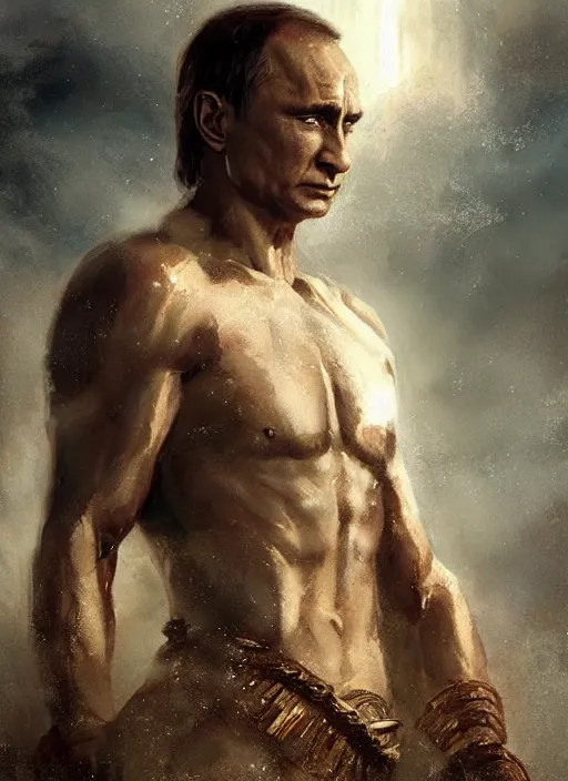 Image similar to vladimir putin as a magnificent beautiful greek god, movie 3 0 0 by greg rutkowski