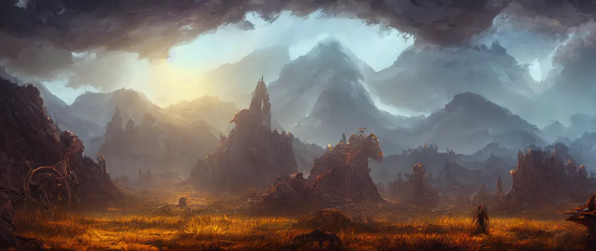 Image similar to digital painting concept art of a landscape with a huge skeleton in it, highly detailed, in the style of horizon forbidden west , landscape painting, volumetric lighting, Matte painting, trending on artstation, day time, godrays