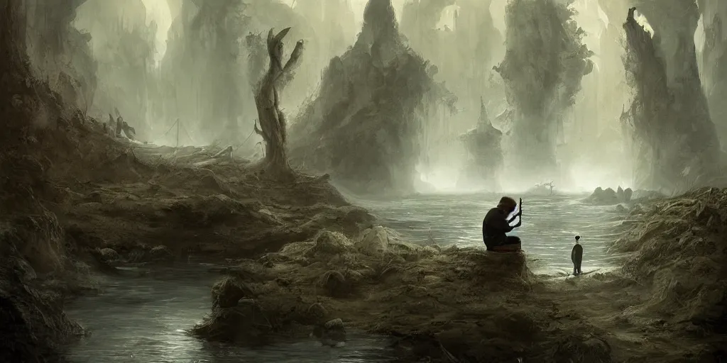 Image similar to a man sits at the edge of a river in the underworld waiting for the ferryman charon, beksinksi, dariusz zawadzki