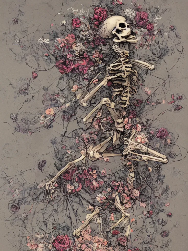 Image similar to a skeleton covered in flowers in a dynamic pose, in the style of james jean and peter mohrbacher, highly detailed, soft lighting,