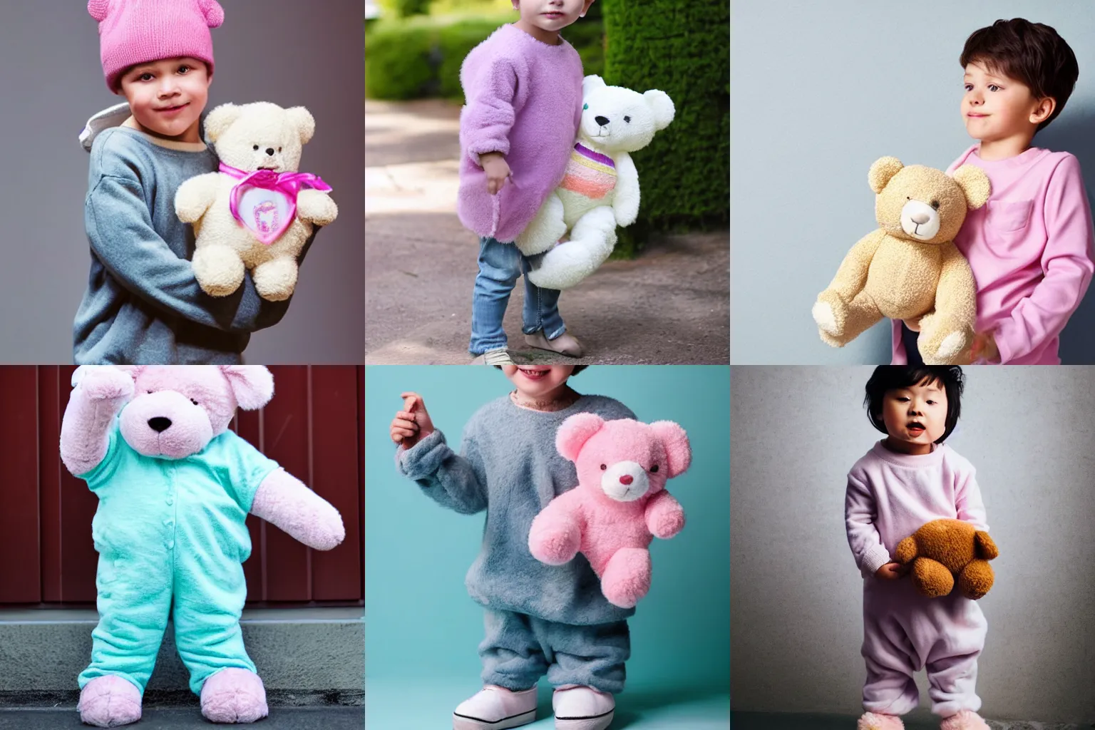 Prompt: a cute young male child dressed in oversized clothing and pastel colors holding a teddy bear. Style by Meyoco