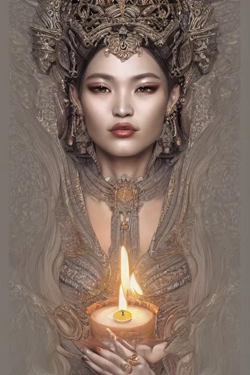 Prompt: Beautiful detailed portrait of an exotic goddess lit by candles, Nick Silva, Shin JeongHo, Wandah Kurniawan, Symmetrical composition with people centered, realistic proportions, trending on artstation