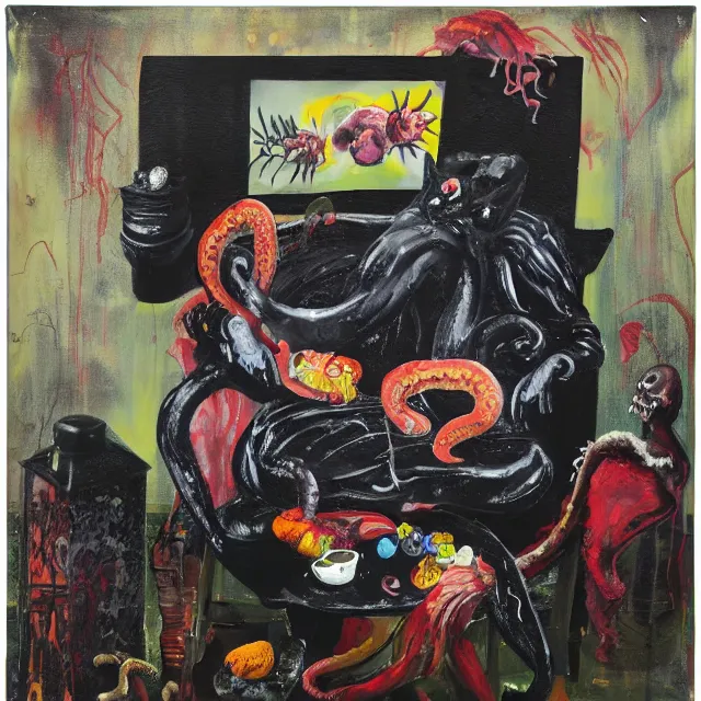 Image similar to a portrait in a dark apartment, rats, a widow holding an octopus, streetlamps, puddles, wild berries, ikebana, neo - expressionism, surrealism, acrylic and spray paint and oilstick on canvas