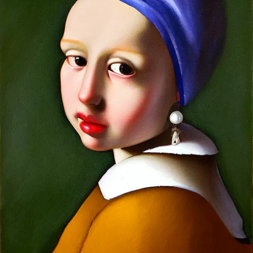 Image similar to girl with the pearl earing , earing is a fruit pear instead by johaness vermeer