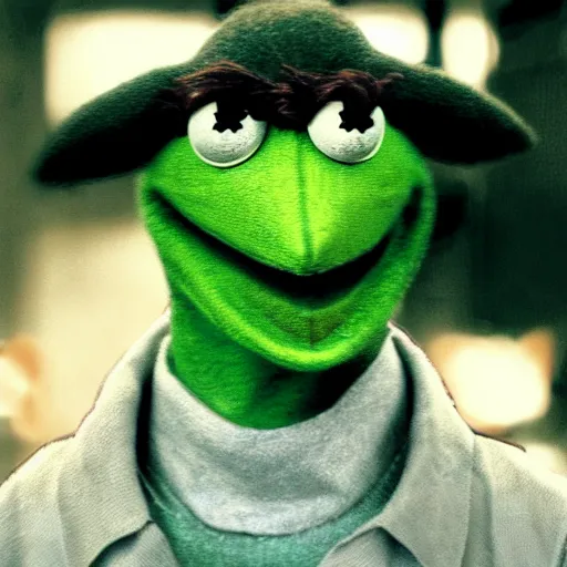 Image similar to keanu reeves playing kermit the frog in a dystopian sci fi movie, highly detailed, 4 k, concept art