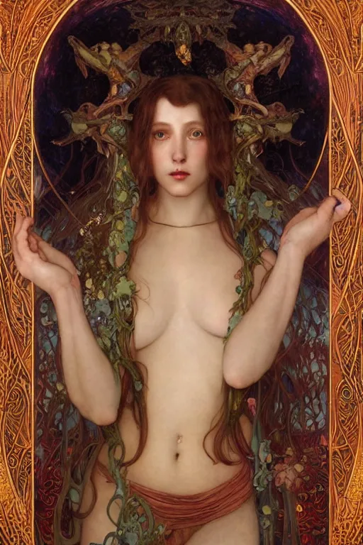 Image similar to masterpiece painting of ephemeral immortal succubus girl by donato giancola, darius zawadzki and tom bagshaw, face by artgerm and edmund leighton, alphonse mucha, background by james jean and gustav klimt, 8 k, otherworldly horror, crimson color palette, volumetric lighting, porcelain skin, french nouveau, trending on pixiv