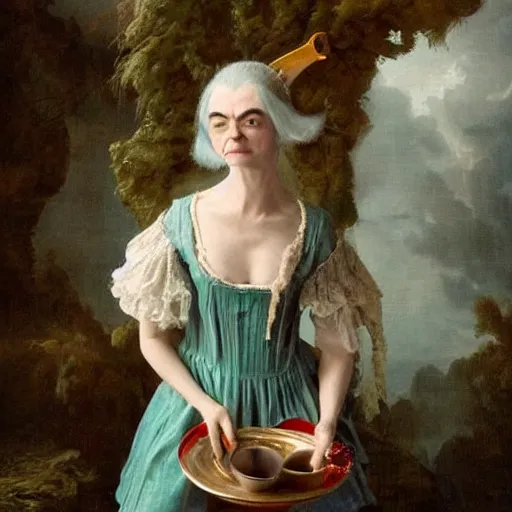 Prompt: A 18th century, messy, silver haired, (((mad))) elf princess (Mr. Bean), dressed in a ((ragged)), wedding dress, is ((drinking a cup of tea)). Everything is underwater and floating. Greenish blue tones, theatrical, (((underwater lights))), high contrasts, fantasyconcept art, inspired by John Everett Millais's Ophelia