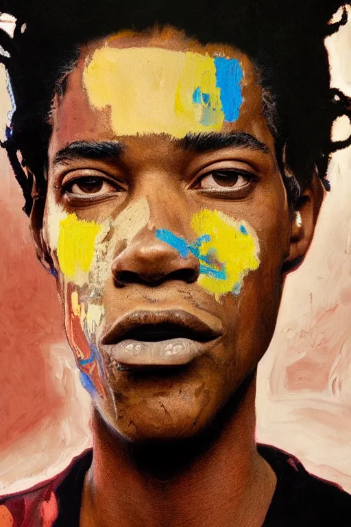 Image similar to portrait of Jean Michel Basquiat outside during golden hour, intricate, elegant, dramatic lighting, rugged face, highly detailed, lifelike, photorealistic, digital painting, artstation, illustration, concept art, smooth, sharp focus, art by John Collier and Albert Aublet and Krenz Cushart and Artem Demura and Alphonse Mucha